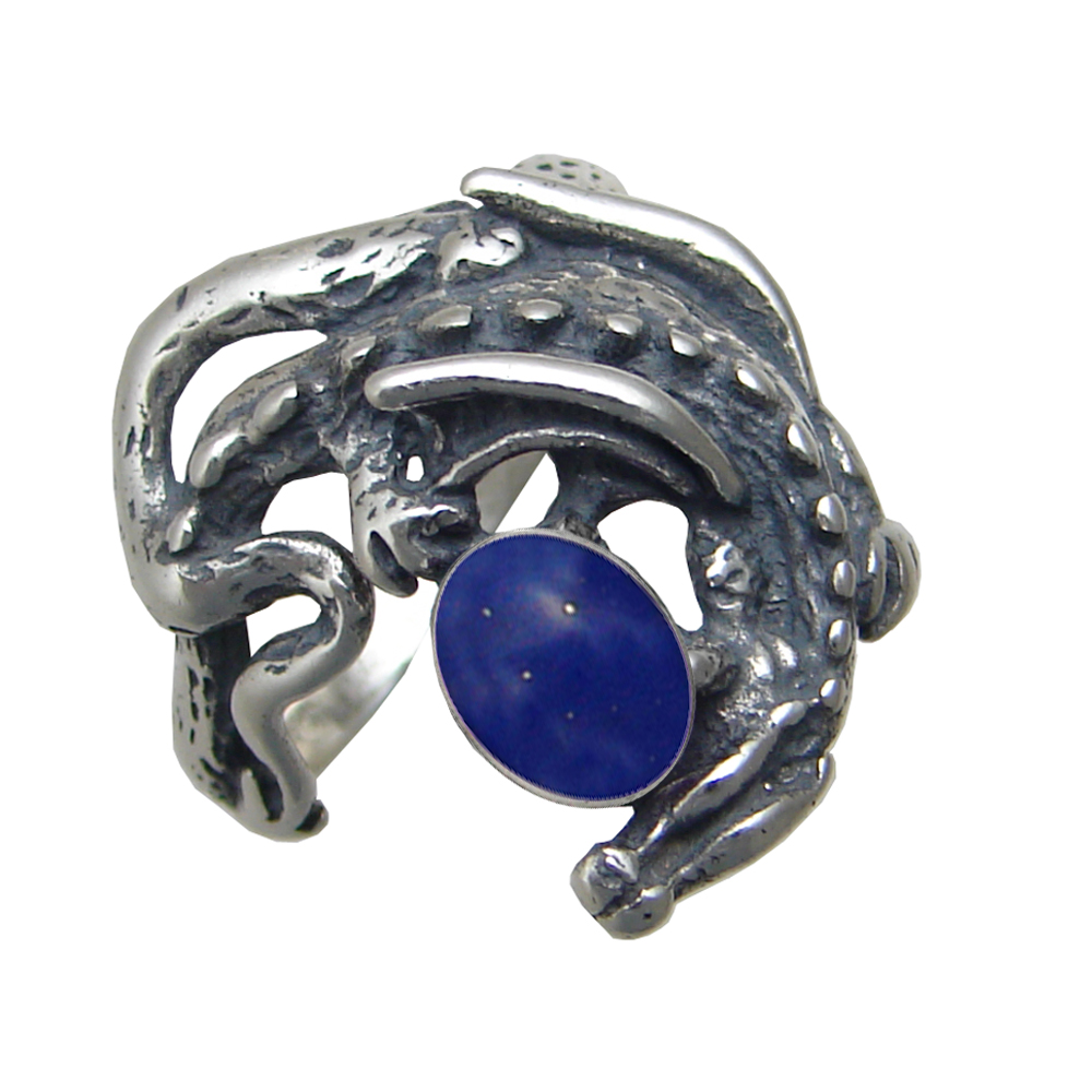 Sterling Silver Dragon of Protection Ring With Lapis Lazuli Size 10